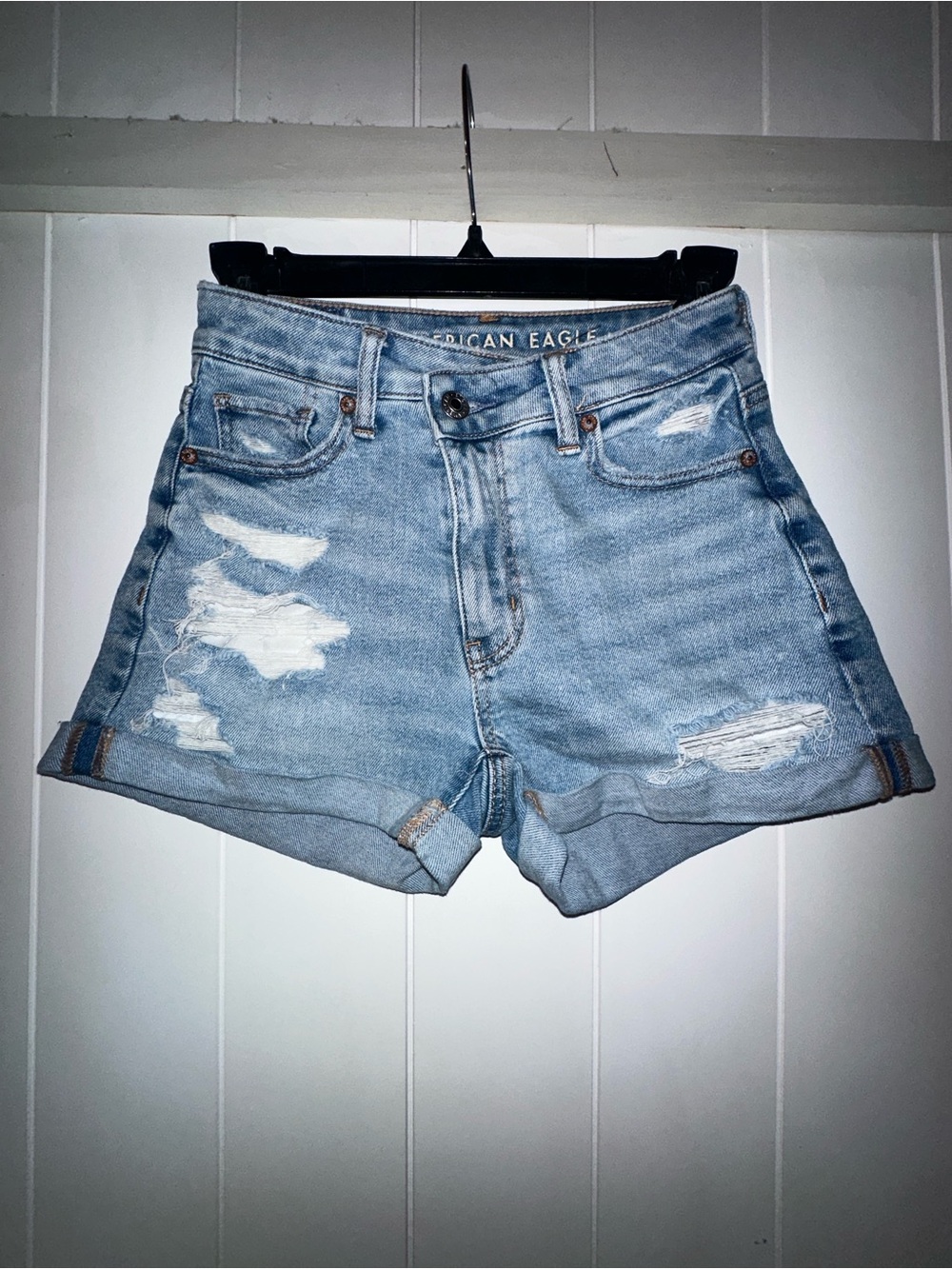 American Eagle Outfitters Light Blue Distressed Rolled-Hem Denim Shorts
